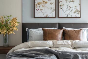 Decorate a decorative frame on the headboard of your bed. The warm color scheme is filled with modern and luxurious design elements, featuring deep maroon wood floors and walls decorated with black co