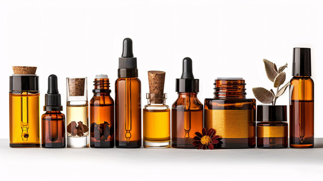 Set of skincare products including creams and serums isolated on white background