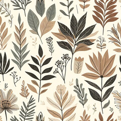 Fototapeta premium Seamless Hand-Drawn Botanical Pattern with Flowers and Leaves in Earthy Tones on Beige Background