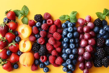 Obraz premium Ripe berries and fruits on a yellow background.