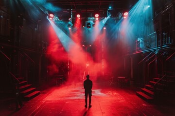 Solitary person stands on a stage enveloped by enigmatic red and blue lights with a smoky ambiance