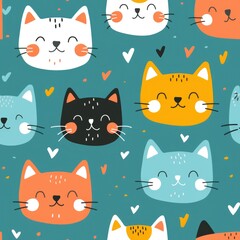 Adorable Cartoon Cat Faces Pattern for Playful Backgrounds