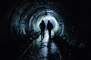 Two people wander through a gloomy, wet tunnel showing light at the end