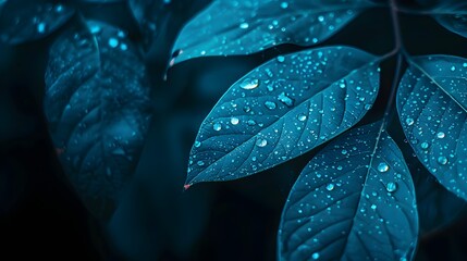 Captivating Cyan Leaf with Glistening Dew Droplets on a Moody Dark Background