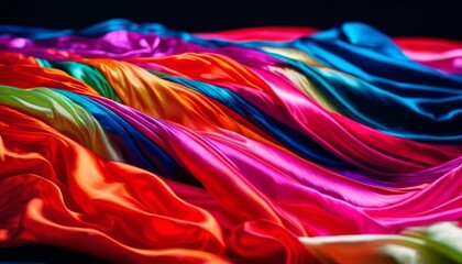 High-resolution image capturing the dynamic and flowing movement of colorful fabric, with vivid hues ranging from red to blue.. AI Generation