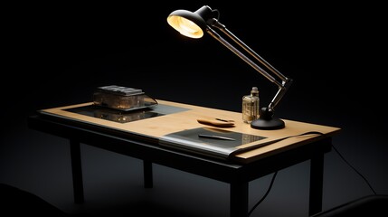 A modern, adjustable desk with a built-in lamp