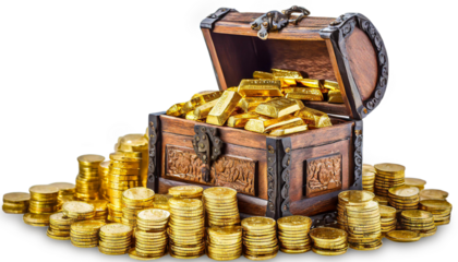A lot of gold coins and gold bars in wood chest