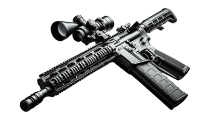 Sniper rifle gun  isolated on a white background. The rifle features a long, precision barrel, a high-powered scope, a sturdy stock, and detailed mechanica