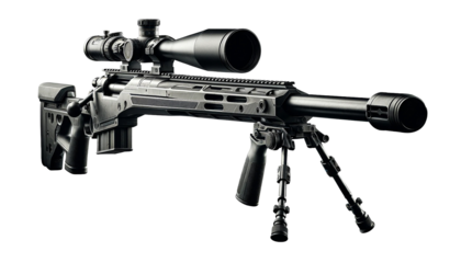 Sniper rifle gun  isolated on a white background. The rifle features a long, precision barrel, a high-powered scope, a sturdy stock, and detailed mechanica