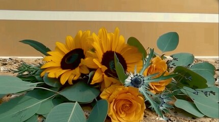   A sunflower bouquet atop a green leaf-covered counter with a yellow background