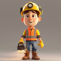 Cute Boy Cartoon in 3D Style Wearing a Helmet, Reflective Clothing, and Safety Shoes, Smiling, Ideal for Safety and Children's Educational Illustrations and Training Materials