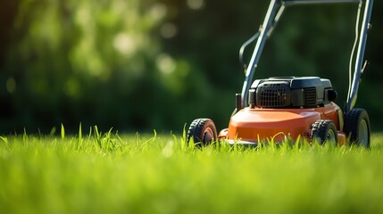 close up of lawnmower mowing grass lawn with copy space