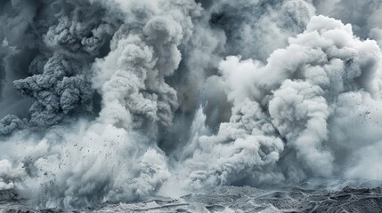 A cloud of powder and debris engulfing the once serene landscape.