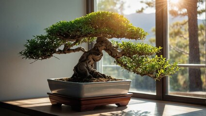 Serenity in Miniature: Beautiful Bonsai Tree by the Window