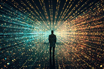 Silhouette of a person standing against a backdrop of glowing, digital lines radiating outward