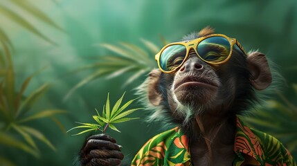 Whimsical Capuchin Monkey Enjoying Cannabis in Vibrant Jungle Setting