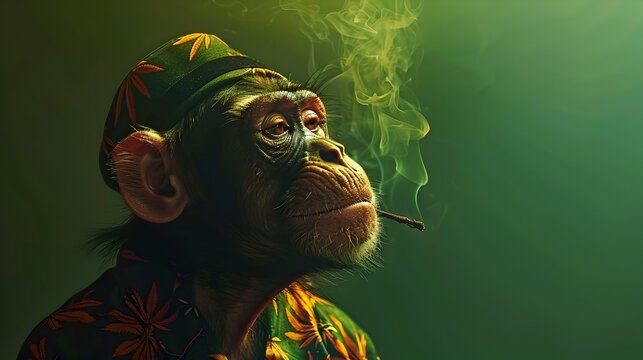 Surreal Capuchin Monkey in Marijuana Reggae Attire Smoking Cannabis Herb on Green Background