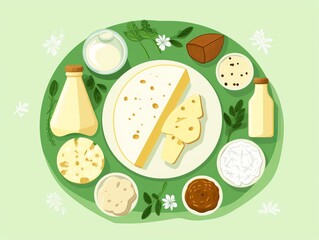 A diverse assortment of dairy products including milk, cheese, and butter arranged on a green background with floral accents.