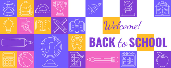 Modern geometric shapes background with set of education, school icons in flat minimalist line style. Welcome back to school text, learning, knowledge concept. For flyer, poster, banner, cover, web