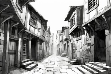 Naklejka premium Black and white illustration of an empty medieval street with timber-framed houses and cobblestone pathways creating a historical atmosphere.
