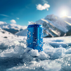 Canned drink, blue package, half wrapped in ice, placed on ice, snow mountain, blue sky