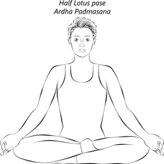 Sketch of young woman practicing Ardha Padmasana yoga pose. Half Lotus pose. Beginner Difficulty. Isolated vector illustration.