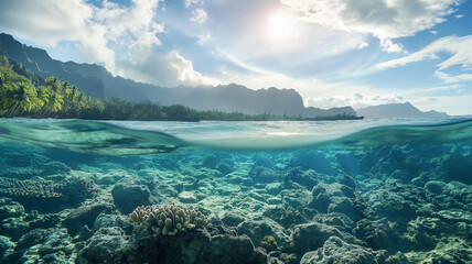 Double exposure of underwater cliff and forest in sunlight. Landscapes photography.