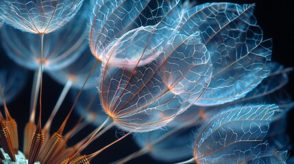 A macro photograph of a dandelion seed head, focusing on the delicate filaments and the intricate patterns they form. This image portrays a world in a microcosm, where each seed becomes a part of a