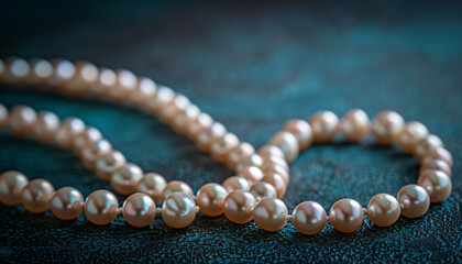 Close-up of a luxurious pearl necklace elegantly arranged on a textured blue background, symbolizing sophistication and celebrating national wear your pearls day