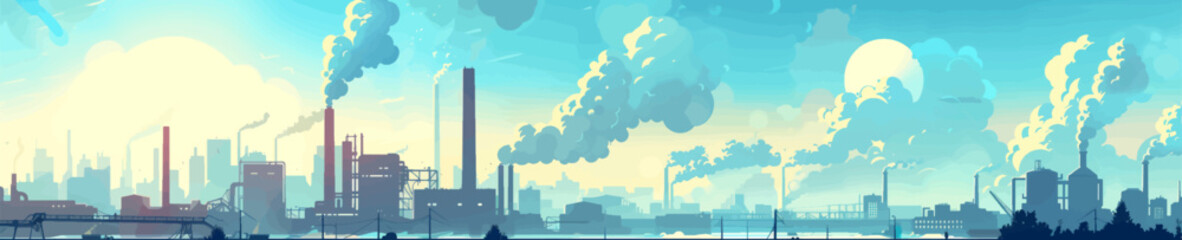 Fototapeta premium industrial skyline featuring numerous smokestacks emitting smoke, set against a sunset sky with a large glowing sun. Generative ai vector illustration. Pop art comic book style imitation