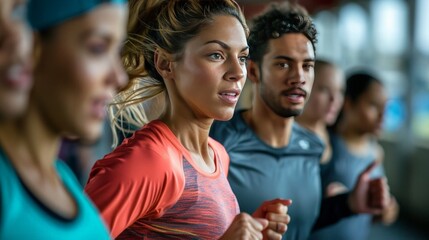 Fitness resolution: Capture a group of people working out in the gym, running outdoors, and participating in fitness activities. Focusing on health and New Year's resolutions.