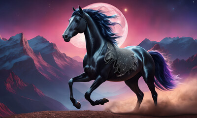 a wallpaper representing a galloping horse with a lunar landscape in the background