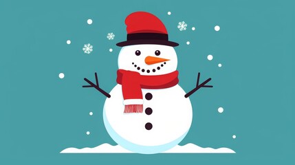 Cheerful snowman illustration with red scarf and hat, enjoying snowfall on a blue background, perfect for winter and holiday themed designs.