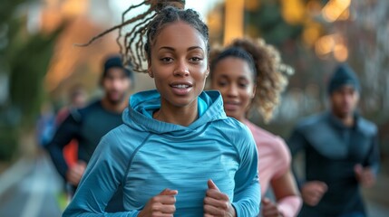 Fitness resolution: Capture a group of people working out in the gym, running outdoors, and participating in fitness activities. Focusing on health and New Year's resolutions.