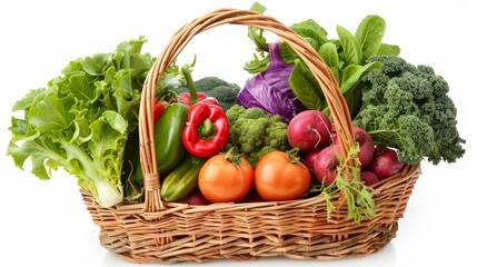 Freshly harvested organic vegetables in a wicker basket, vibrant colors and rich textures, perfect for healthy eating and farm-to-table themes, isolated white background.