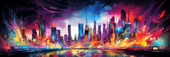 Obraz premium Futuristic Cityscape Painting. Abstract Urban Skyline, Modern Cityscape With Surreal Architectural Forms. Generative AI