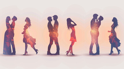 Naklejka premium Silhouettes of couples in romantic poses on a white background