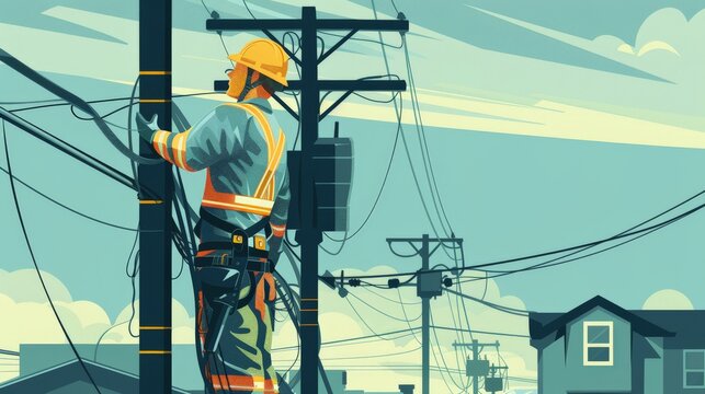 An infrastructure electrician character in 2D flat style, depicted in overalls and a hard hat, working on a utility pole with electrical wires. The background includes elements like transformers and