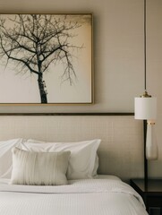 The hotel room has a large black and white tree painting on the wall, chandelier hanging above the bed, beige walls, minimalist style, beige carpet, high-end design sense, modern art decor by Wabisabi