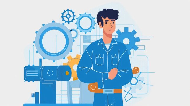 A 2D flat style technician character depicted in a blue jumpsuit with a tool belt, holding a wrench. The background includes elements like gears and machinery, emphasizing the technical aspect of