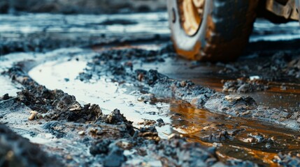 Close-up view of a muddy terrain with deep tire tracks. The mud has a dark brown color with patches of water reflecting light, giving it a shiny appearance