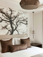 The hotel room has a large black and white tree painting on the wall, chandelier hanging above the bed, beige walls, minimalist style, beige carpet, high-end design sense, modern art decor by Wabisabi