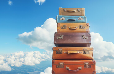 Travel suitcases stacked over a blue sky background, travel concept. Generative Ai