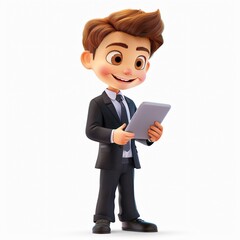 Cute Boy Cartoon in 3D Style Wearing a Suit and Holding a Tablet, Smiling, Isolated on a White Background, Perfect for Business and Children's Educational Illustrations.