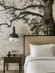 The hotel room has a large black and white tree painting on the wall, chandelier hanging above the...