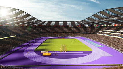 Open air stadium set for international sports competition. Sport das sitting on tribune, empty track and green arena. 3D render. Concept of professional sport, event, tournament, game, championship