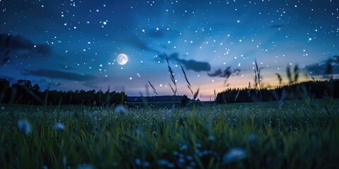A starry night sky with bokeh moonlight casting soft shadows on a peaceful meadow.