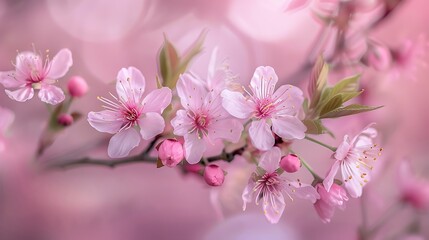 Delicate cherry blossoms adorning a tree branch, their soft pink petals fluttering in the gentle spring breeze.
