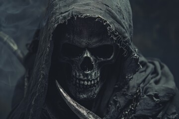 Eerie portrayal of the grim reaper with a scythe amidst shadows
