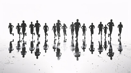 Silhouettes of people running on a white background